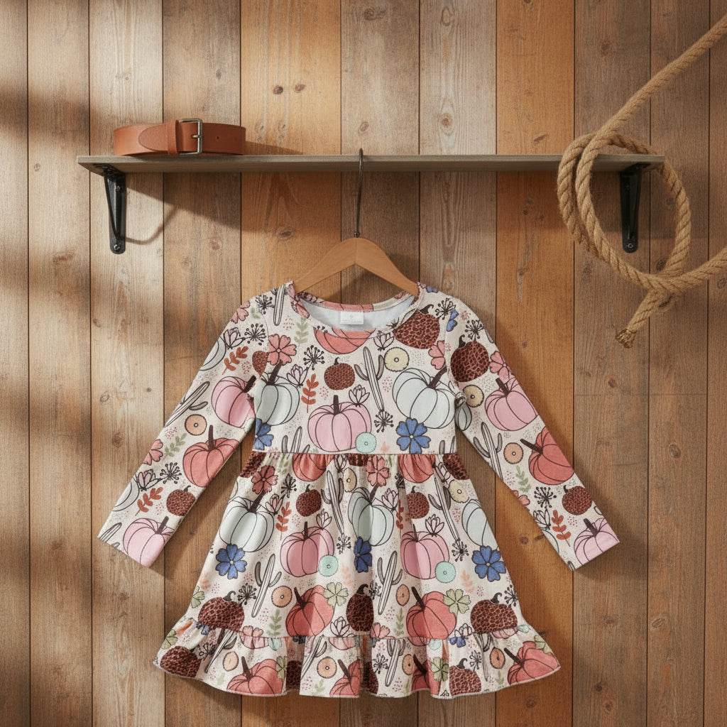 Cactus Pumpkin Long Sleeves Baby Girls Fall Dresses