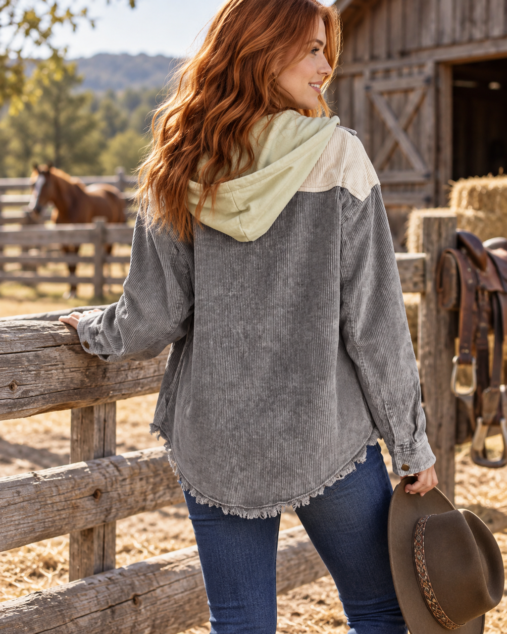 Gray  Color Block Button Down Hooded Corduroy Jacket