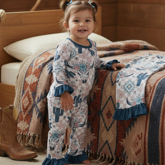 Bull Skull Cactus Plaid Girls Western Bamboo Pajamas
