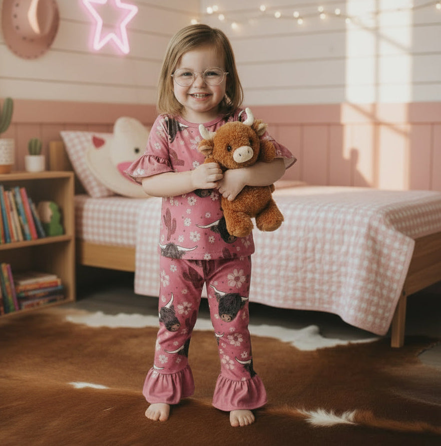 Highland Cow Cactus Kids Girls Pajamas