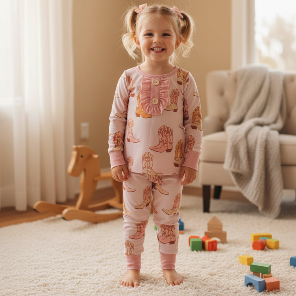 Pink Boots Long Sleeves Western Girls Pajamas