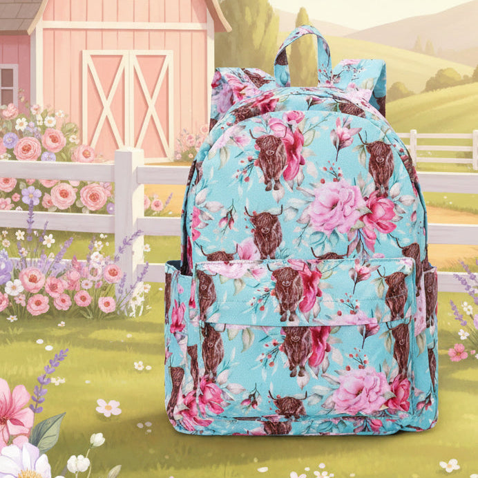 Highland Cows Flowers Kids Blue Backpack