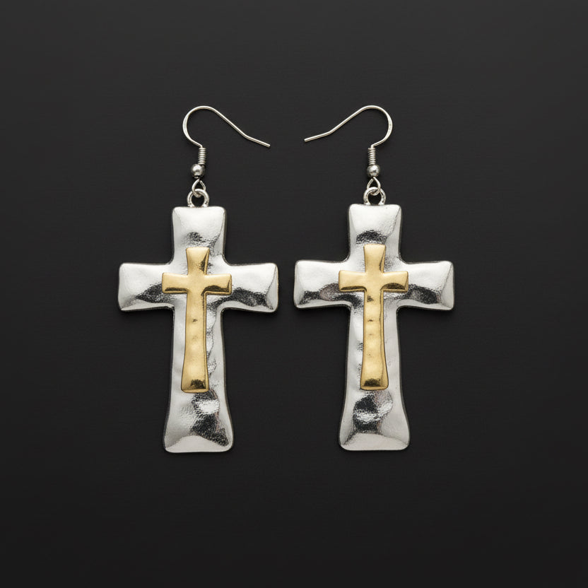 Layered Cross Silver Gold Dangle Earring