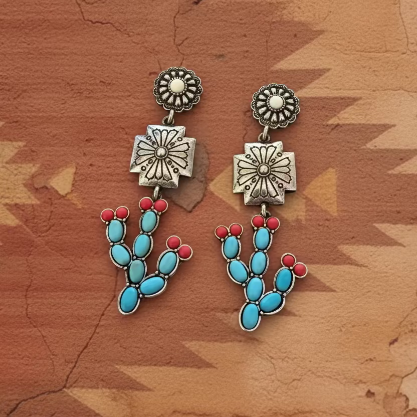 Concho Turquoise Red Cactus Southwestern Earrings