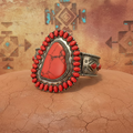 Large Howlite Red Stone Metal Silver Bracelet