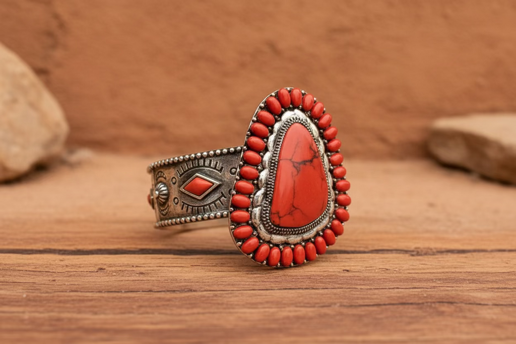 Large Howlite Red Stone Metal Silver Bracelet