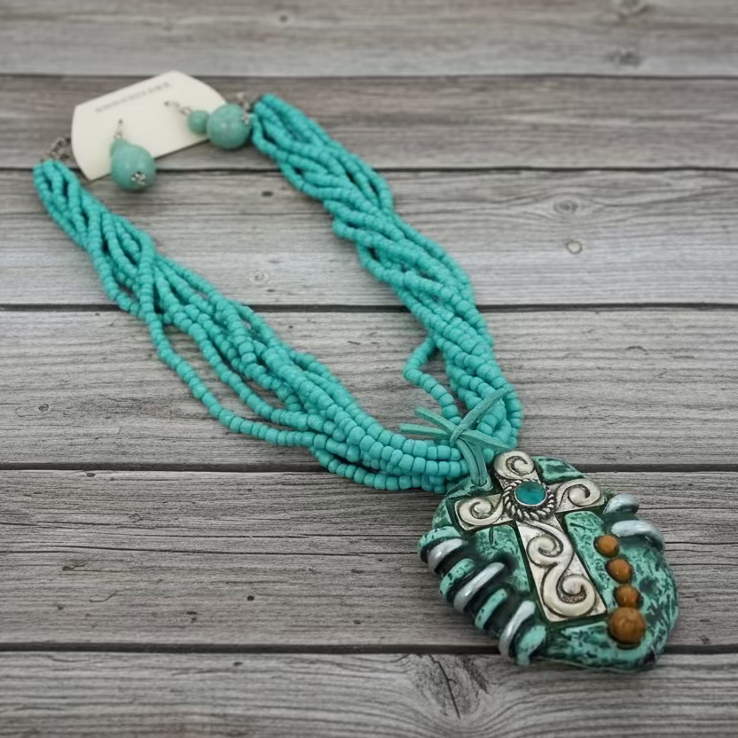 Chunky Bead Cross On Stone Western Necklace/Earrings Set
