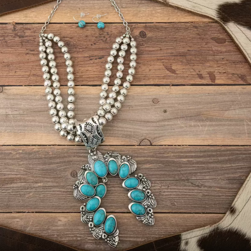 Large Squash Blossom Pendant Chunky Necklace Earrings Set