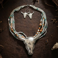 Navajo Bead Longhorn Pendant Necklace/Earrings Set - White