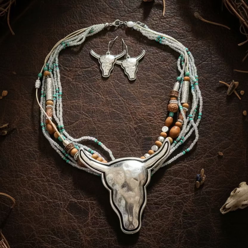 Navajo Bead Longhorn Pendant Necklace/Earrings Set - White