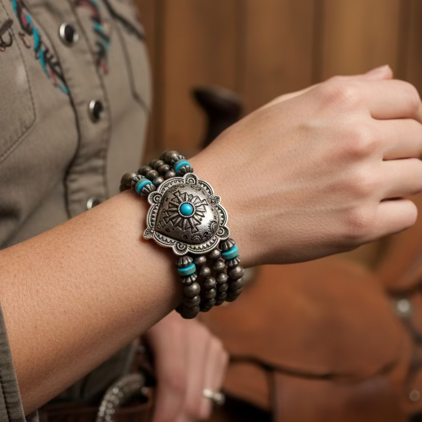 Silver Western Navajo Turquoise Beads Bracelet