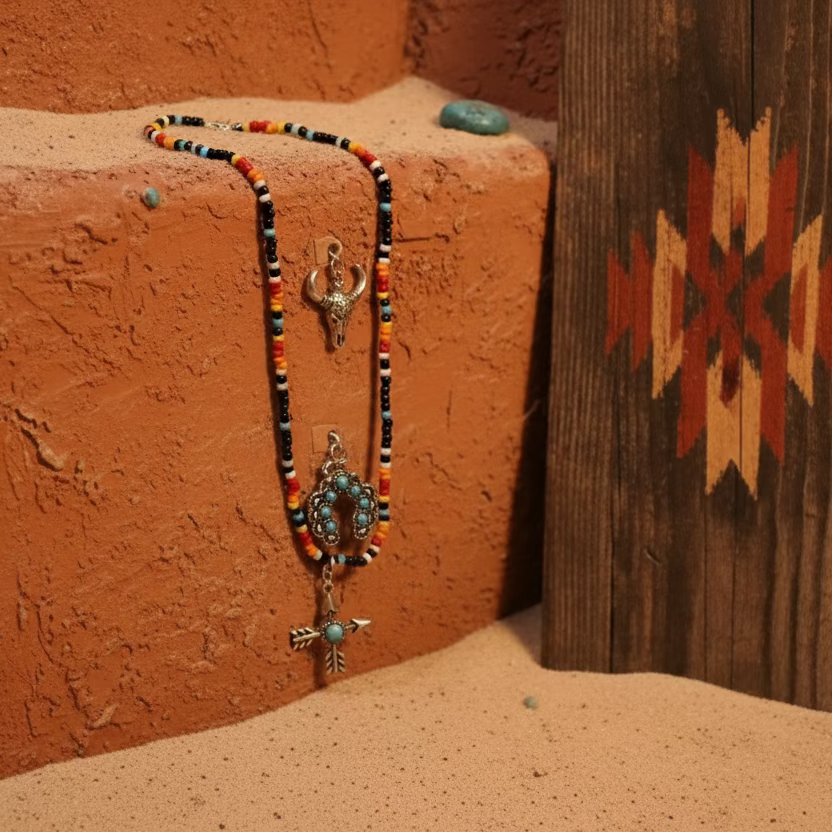 Longhorn Squash Blossom Arrows Charm Native Beaded Necklace