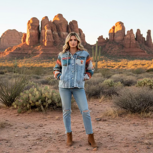 Aztec Denim Frayed Hem Jacket
