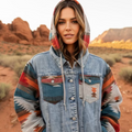 Aztec Denim Frayed Hem Jacket