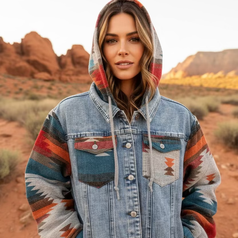 Aztec Denim Frayed Hem Jacket