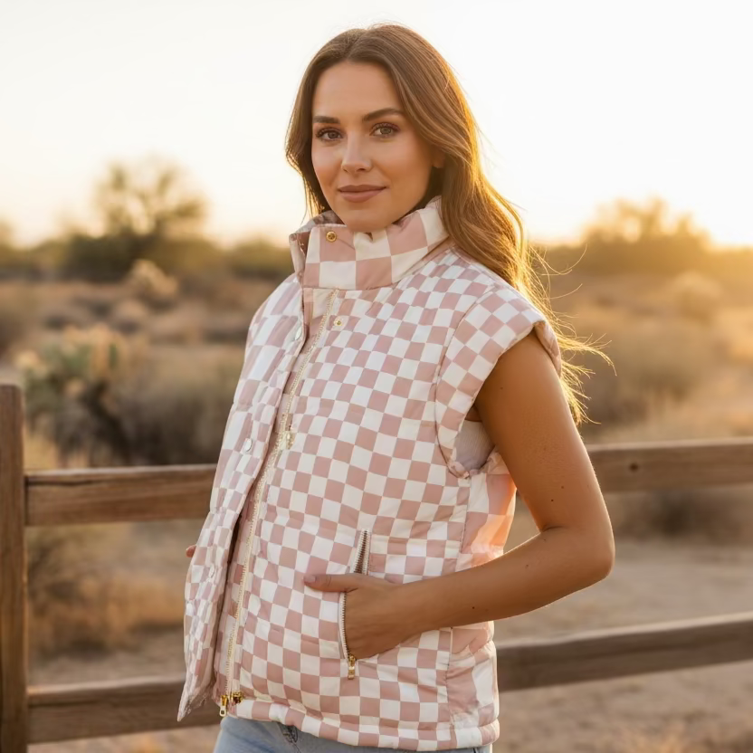 Checker Patchwork Quilted Zip Up Vest