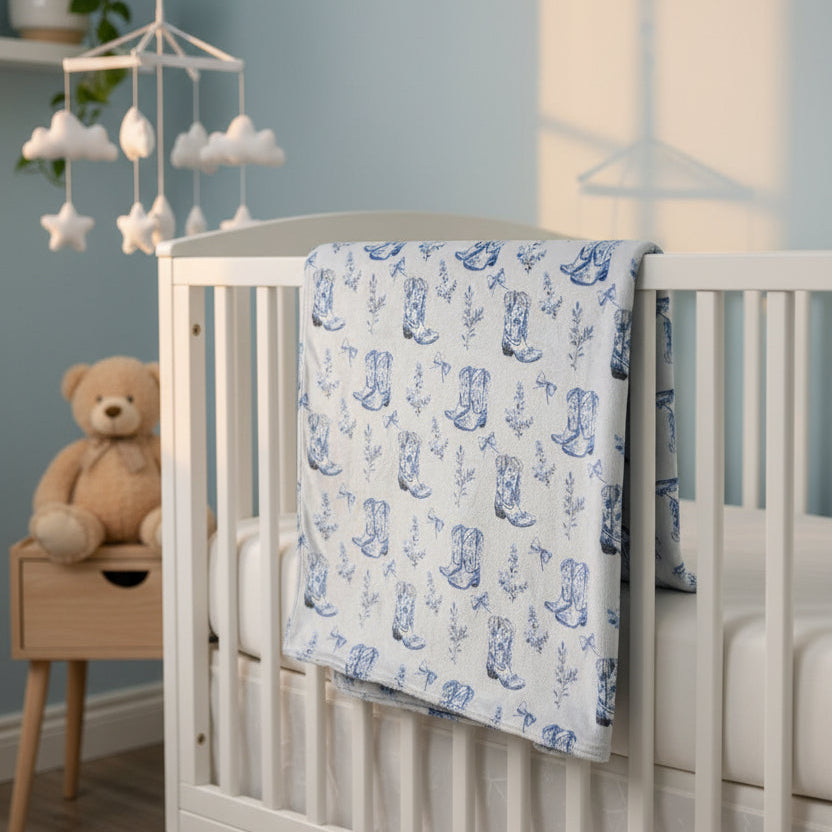 Light Blue Bow Floral Boots Western Baby Girls Blanket