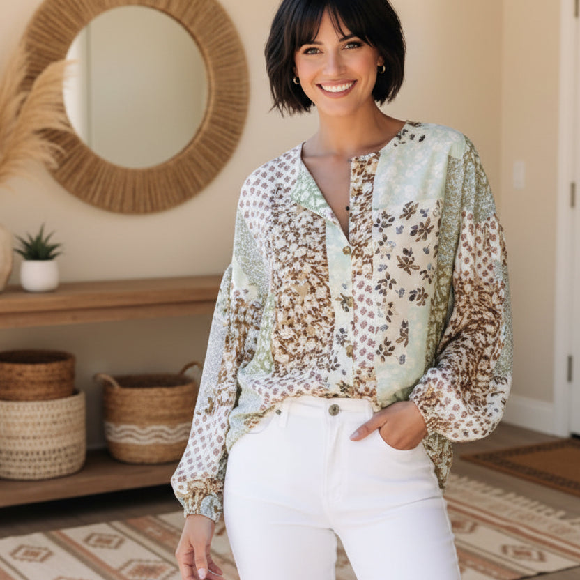 Multicolor Floral Patchwork Print Long Puff Sleeve Shirt