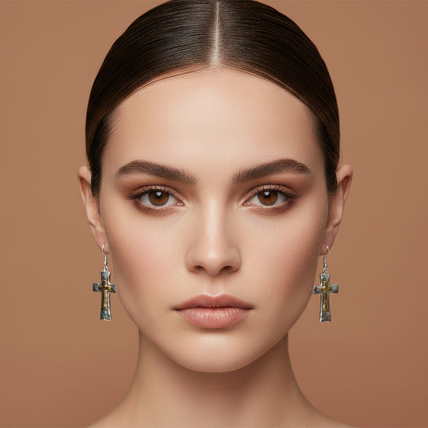 Layered Cross Silver Gold Dangle Earring