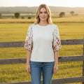 White Ribbed Texture Floral Print Half Sleeve Patchwork Top