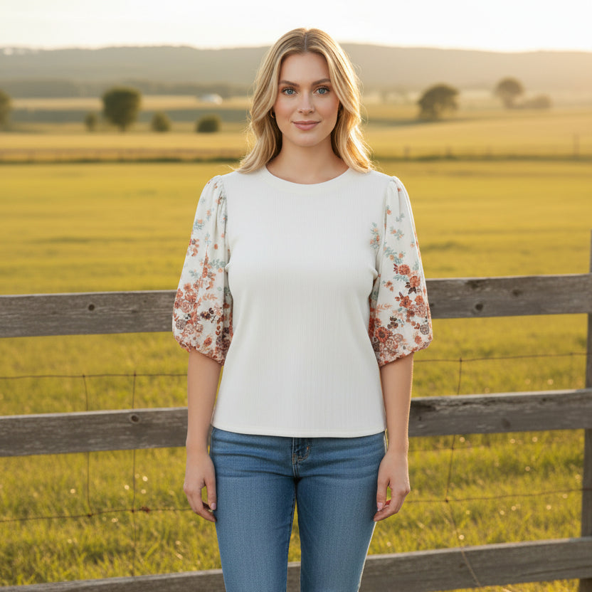 White Ribbed Texture Floral Print Half Sleeve Patchwork Top