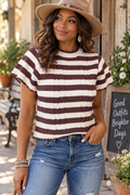 Brown Stripe Ribbed Knit Cable Detail Short Sleeve Sweater