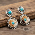 Western Style Turquoise Stone Brown Cow Print Hook Dangle Earrings