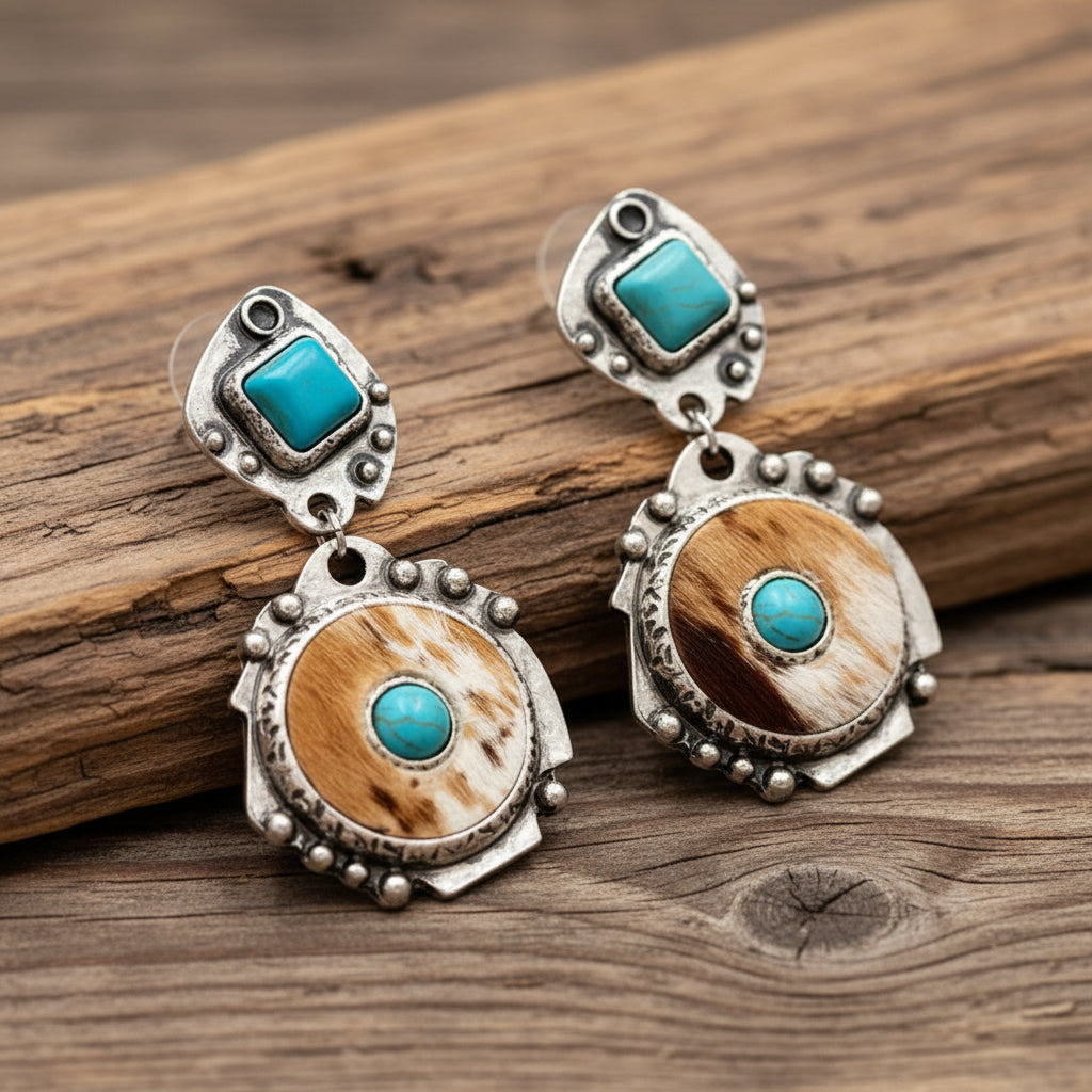 Western Style Turquoise Stone Brown Cow Print Hook Dangle Earrings