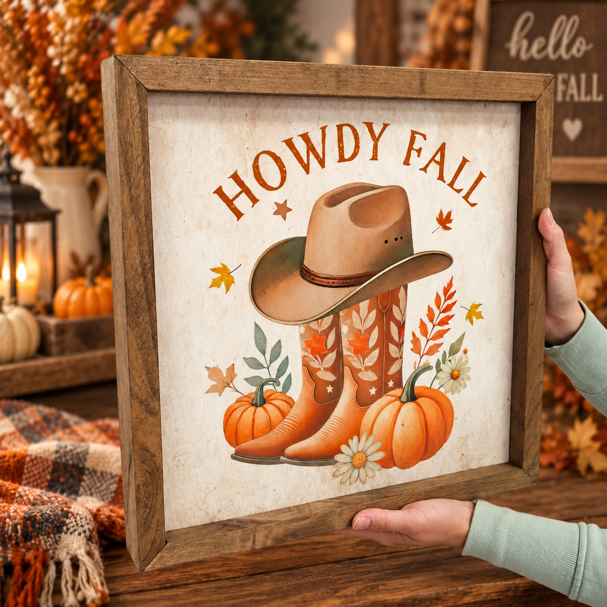 Howdy Fall Cowboy Boots Canvas Art Framed Décor