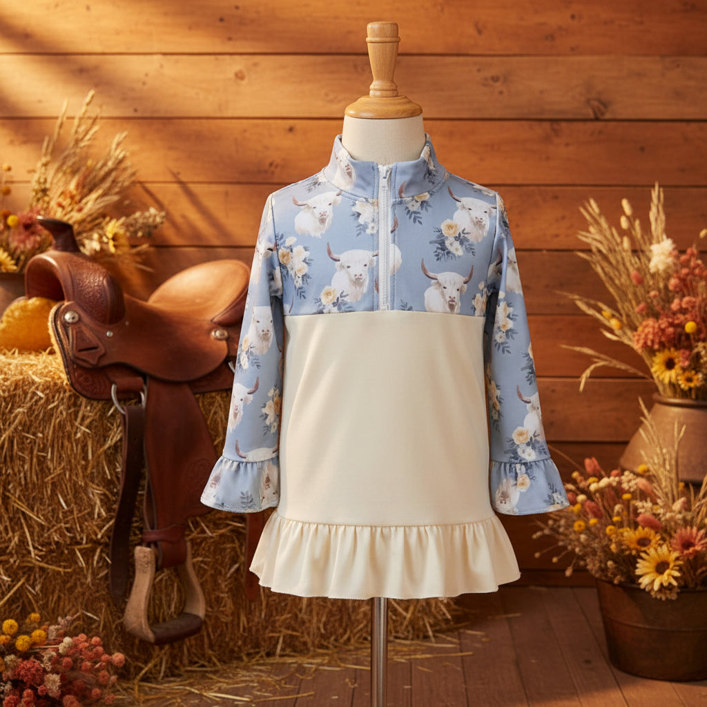 Highland Cow Floral Ruffle Baby Girls Zipper Pullover