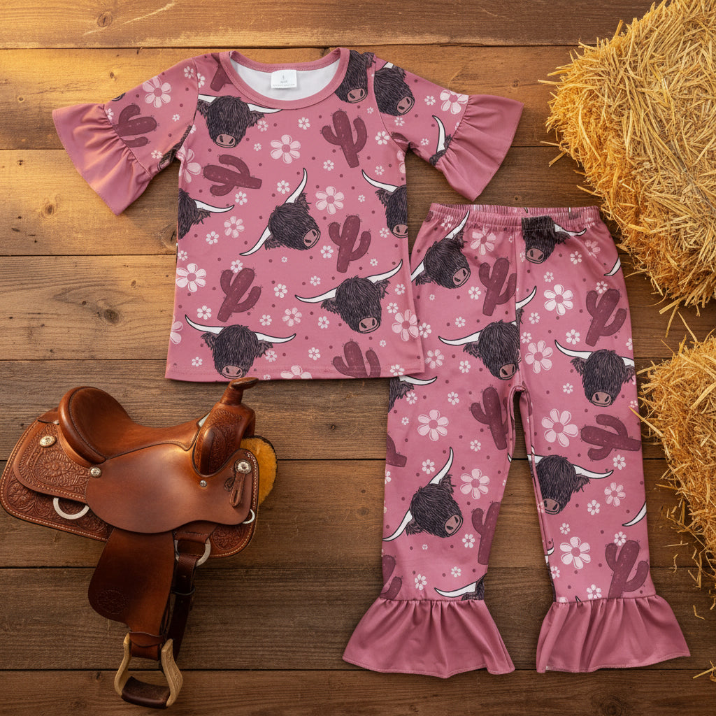 Highland Cow Cactus Kids Girls Pajamas
