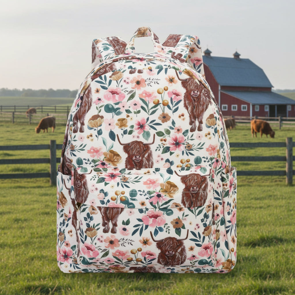 Highland Cow Floral Kids White Backpack