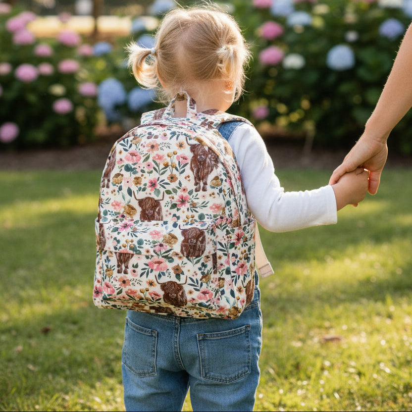 Highland Cow Floral Kids White Backpack