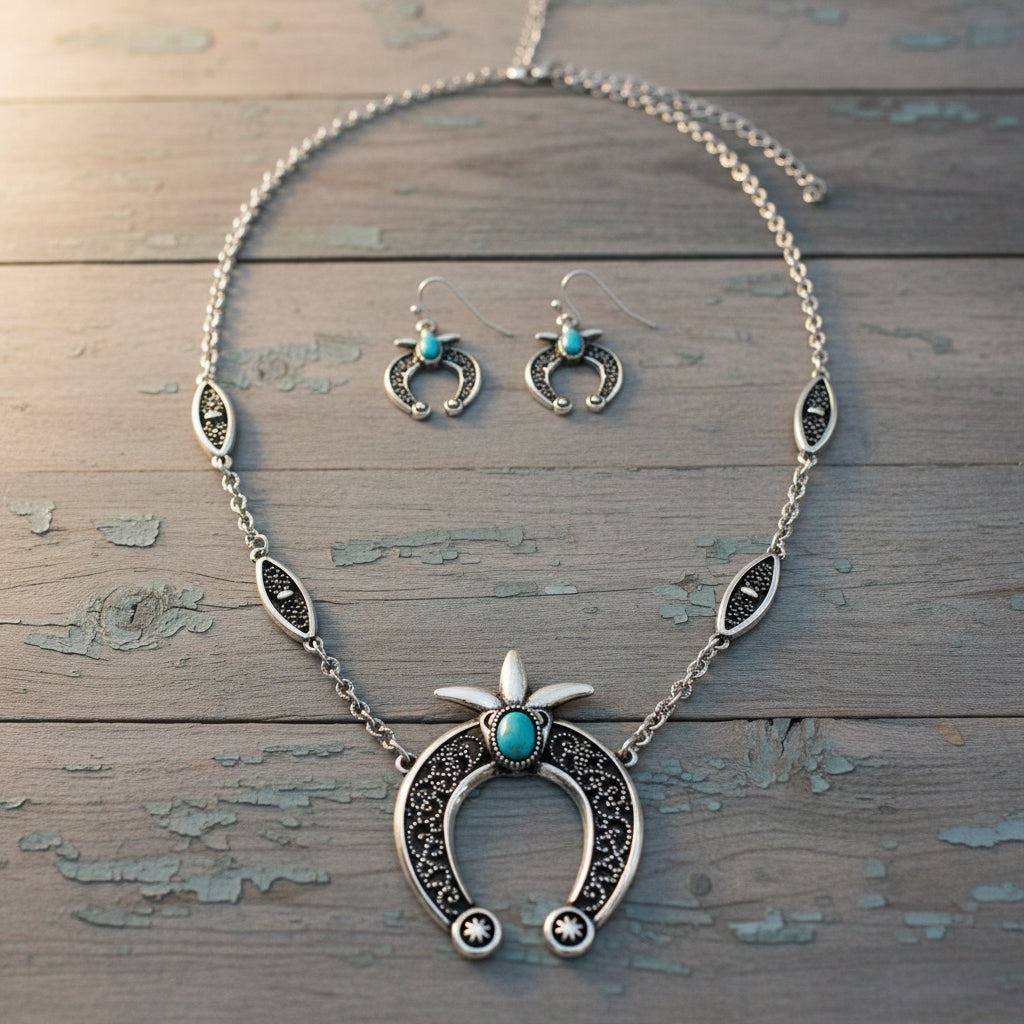 Western Textured Horseshoe Necklace Earrings Set