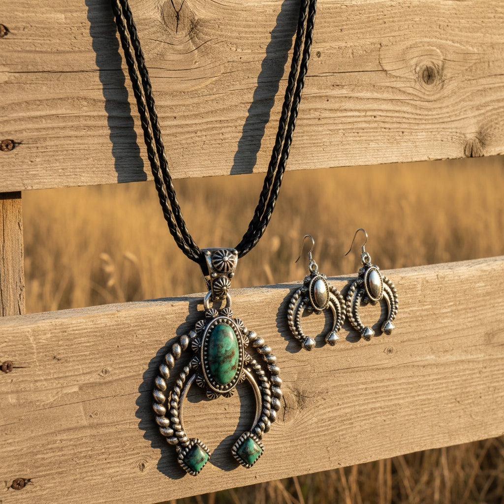 Weave Leather Necklace Set Squash Blossom Pendant