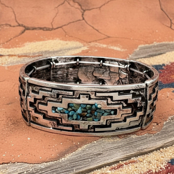 Silver Aztec Native Chevron Turquoise Bracelet