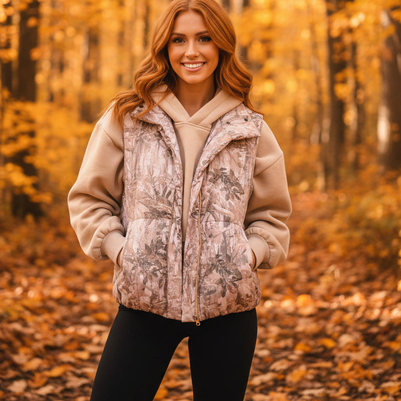 Brown Camo Leaf Print Winter Puffer Vest