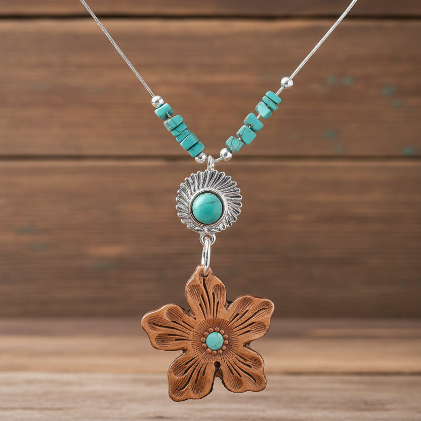 Grassland Bloom Hand Tooled Leather Necklace