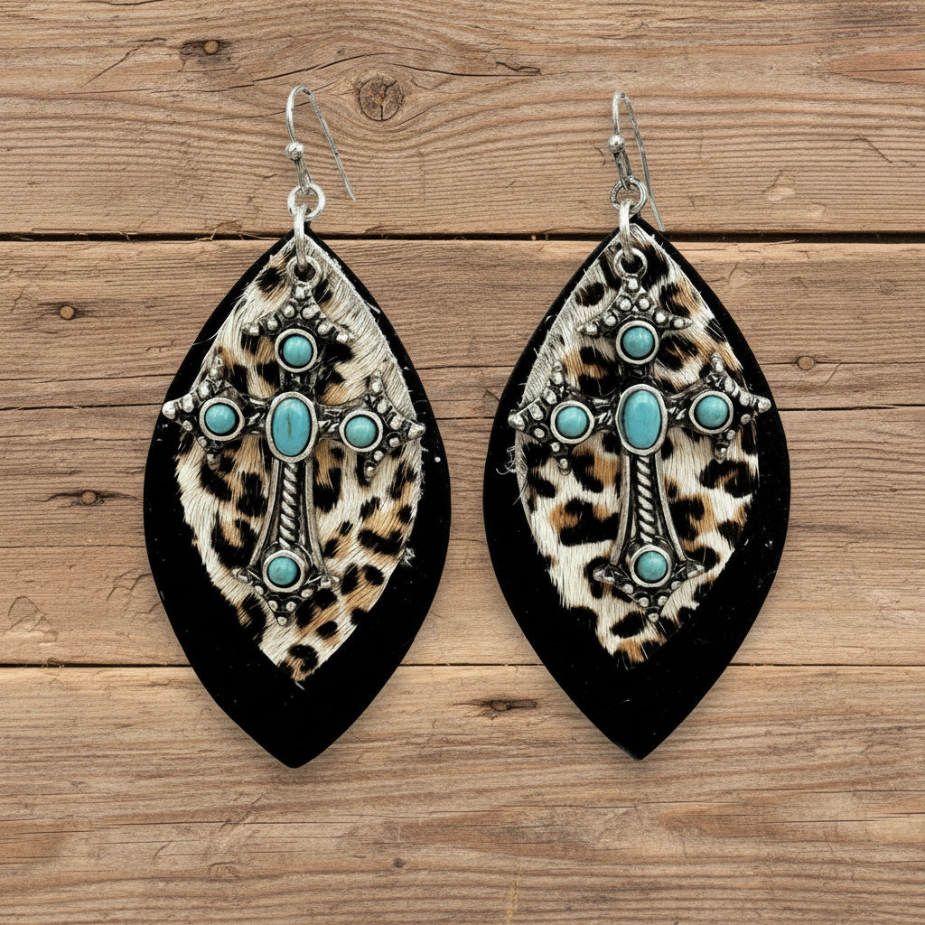 Leopard Fur Cross Turquoise Teardrop Earrings
