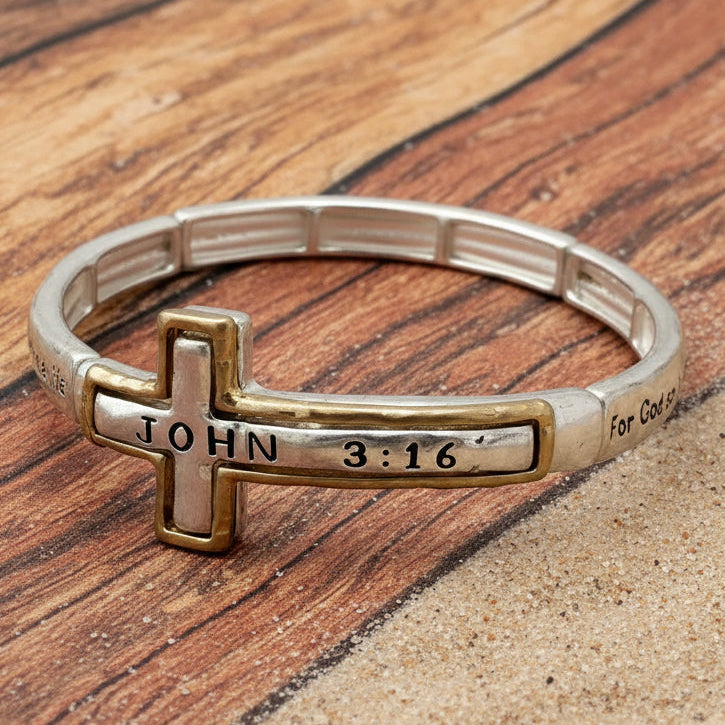 Engraved Cross John 3:16 Stretch Bracelet