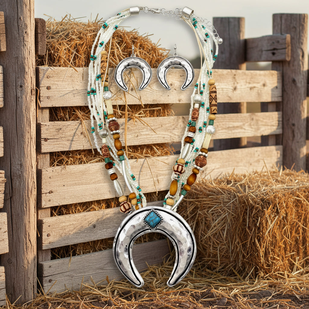 White Turq Navajo Bead Crescent Necklace Earrings Set
