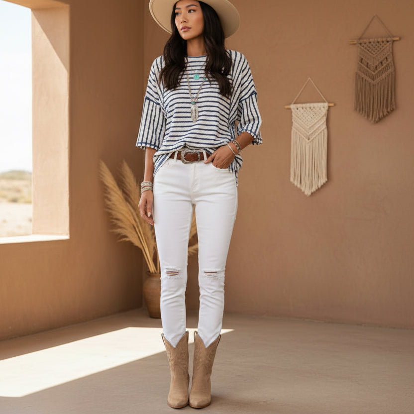 Blue Stripe Textured Knit Split Hem Half Sleeve Loose Top