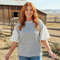 Black Stripe Floral Puff Sleeve Patchwork Round Neck Loose Top
