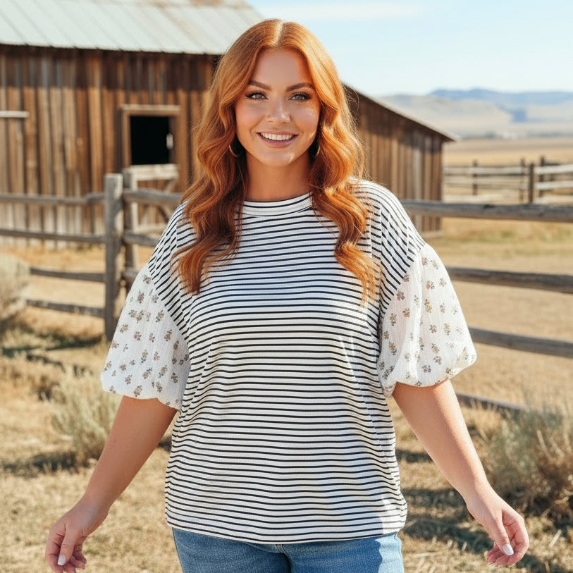 Black Stripe Floral Puff Sleeve Patchwork Round Neck Loose Top