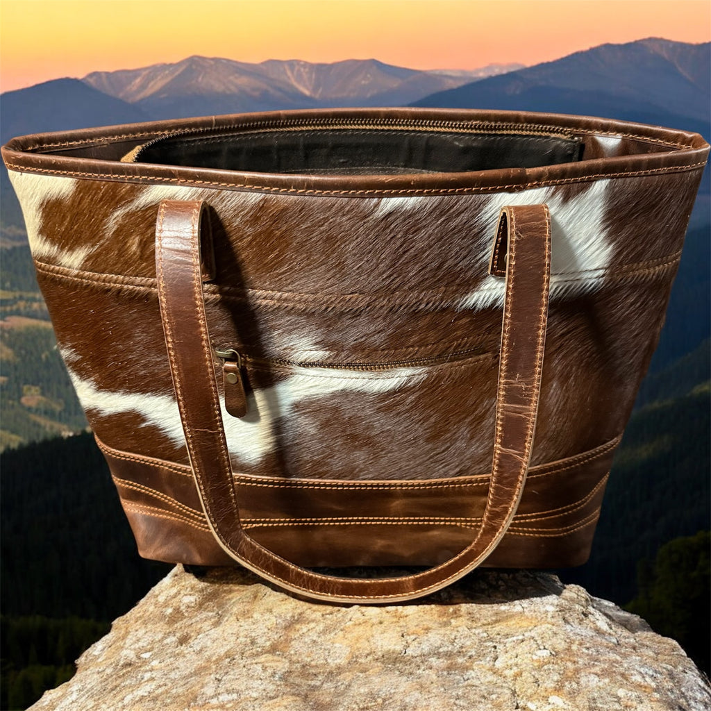 Genuine Hair On Leather Tote - Cow Print/Dk Brown