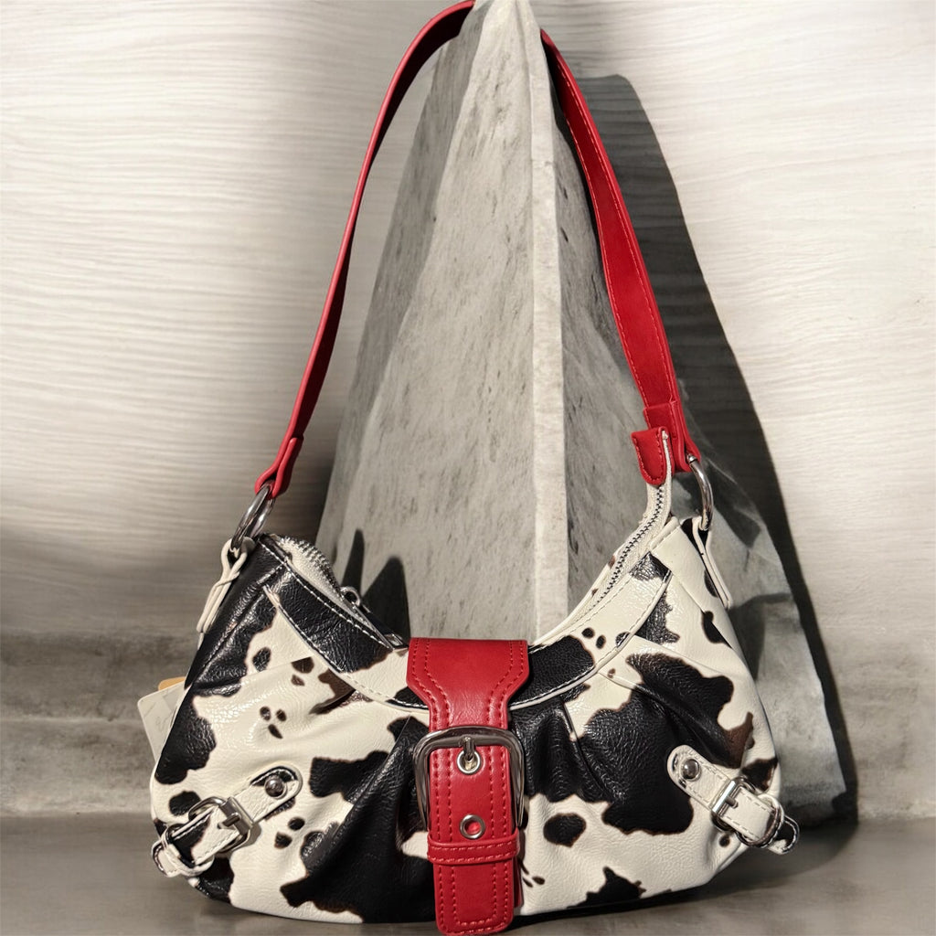 Faux Leather Buckle Baguette Shoulder Bag - Cow Print/Red