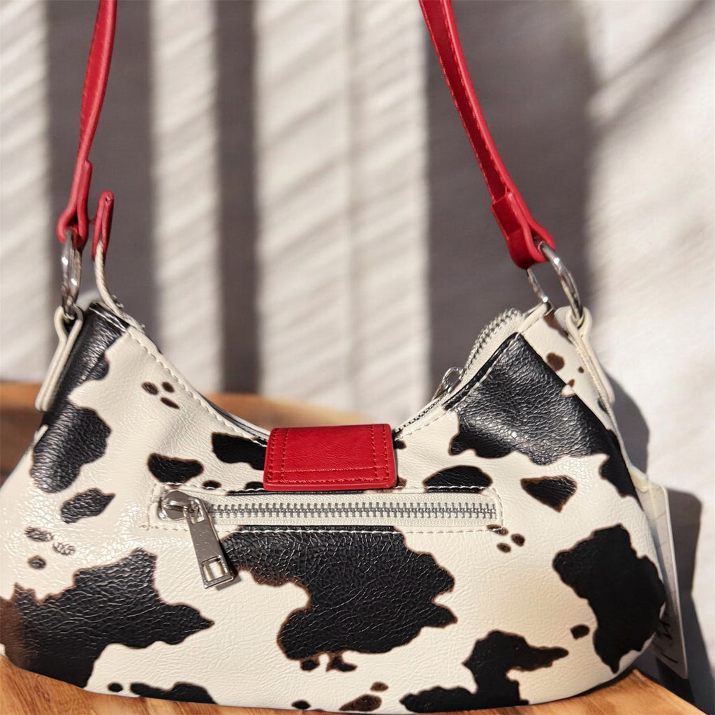 Faux Leather Buckle Baguette Shoulder Bag - Cow Print/Red