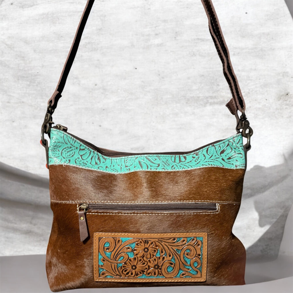Genuine Leather Crossbody Western Bag - Turquoise and Cow Hide