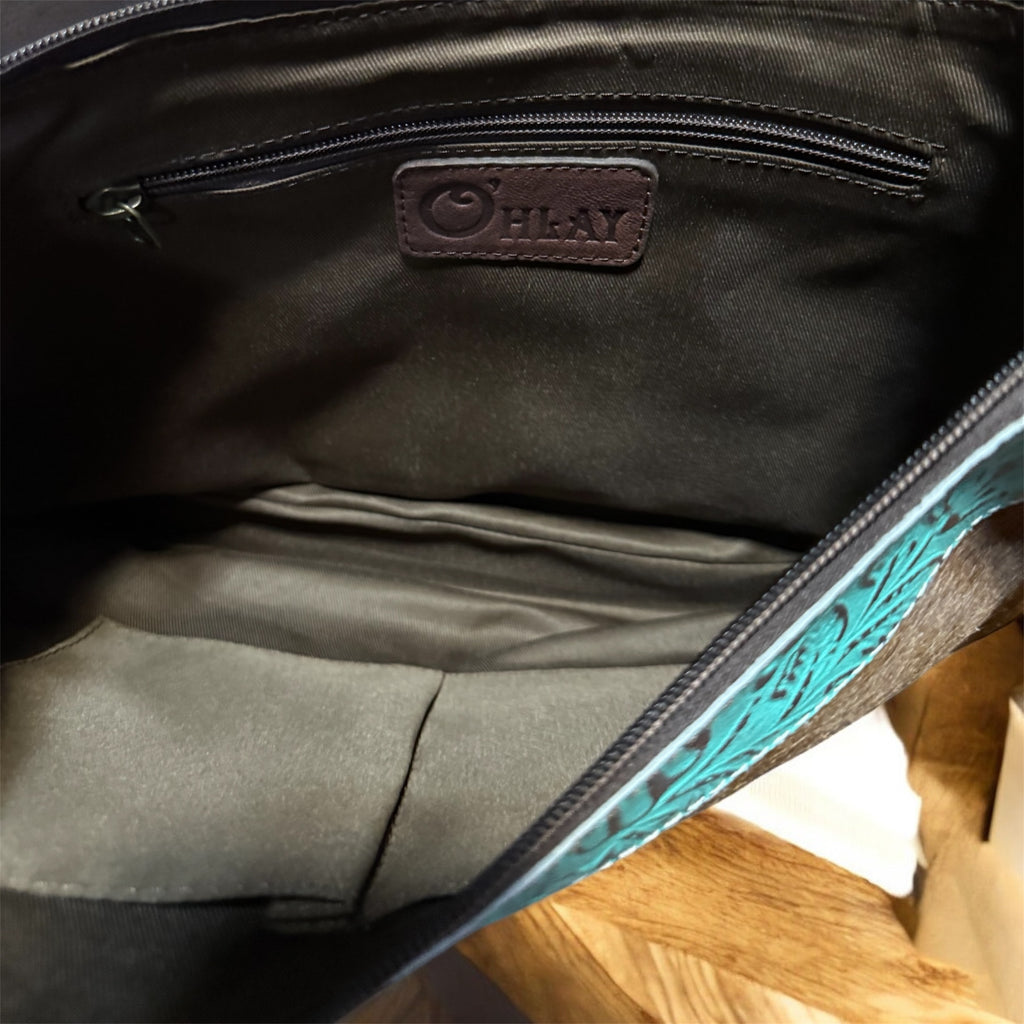 Genuine Leather Crossbody Western Bag - Turquoise and Cow Hide