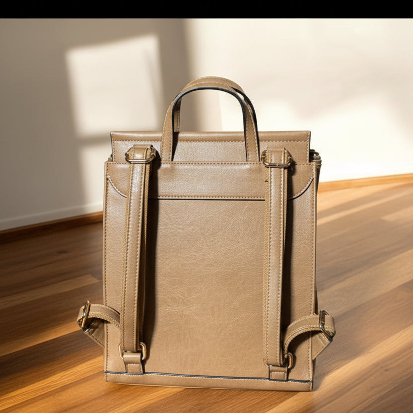 Faux Leather Flap-Over Convertible Backpack - Stone